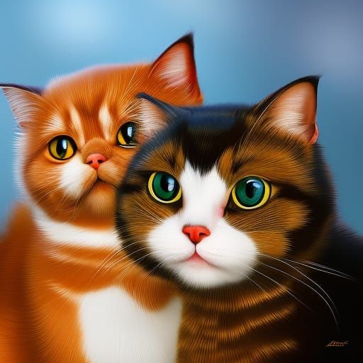 Scottish Fold Cat and Kittens: Colorful Digital Portrait