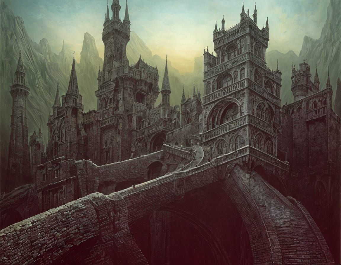 Surreal Castle with Drawbridges, Dreamlike Landscape