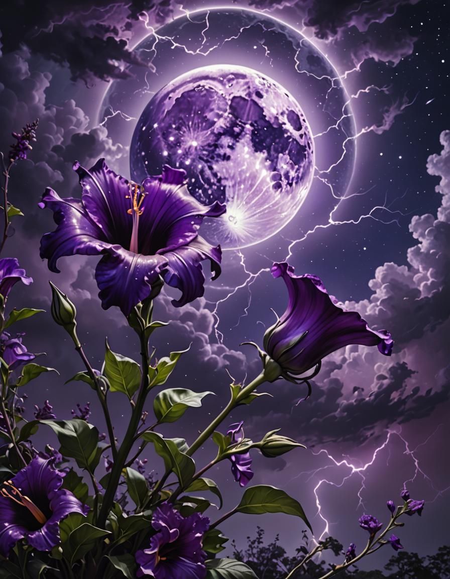 Glowing Purple Trumpet Flower Under Violet Moon