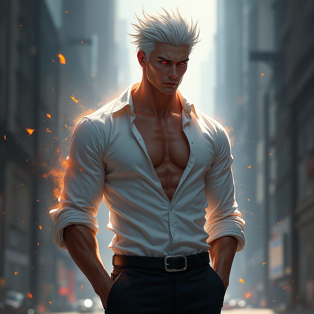 Toned Man with White Hair and Red Eyes in Deep Space