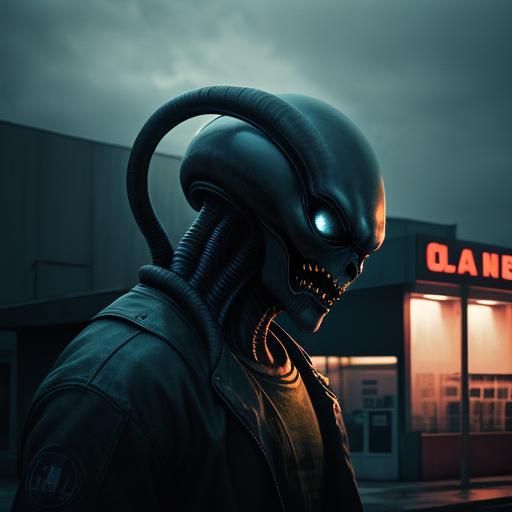 Alien at Gas Station in Cinematic Style