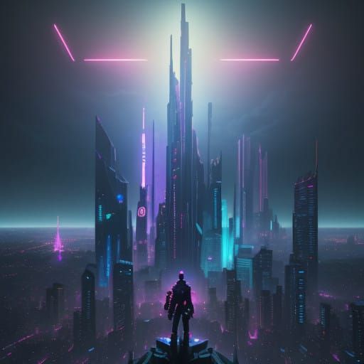 Ethereal Cyberpunk Metropolis Unfolds at Dusk