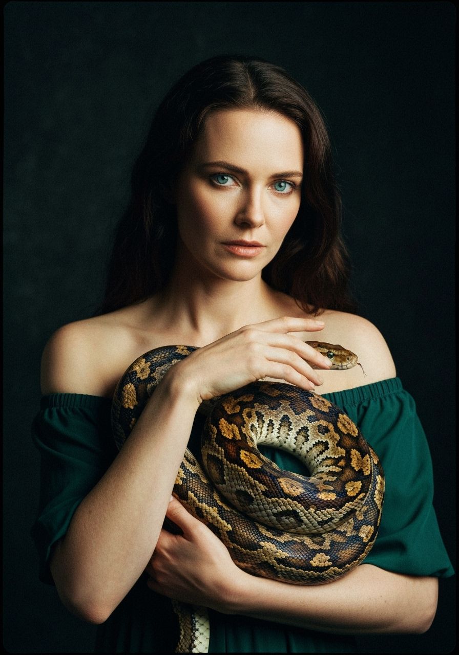 Woman Embraces Snake in Cinematic Film Still