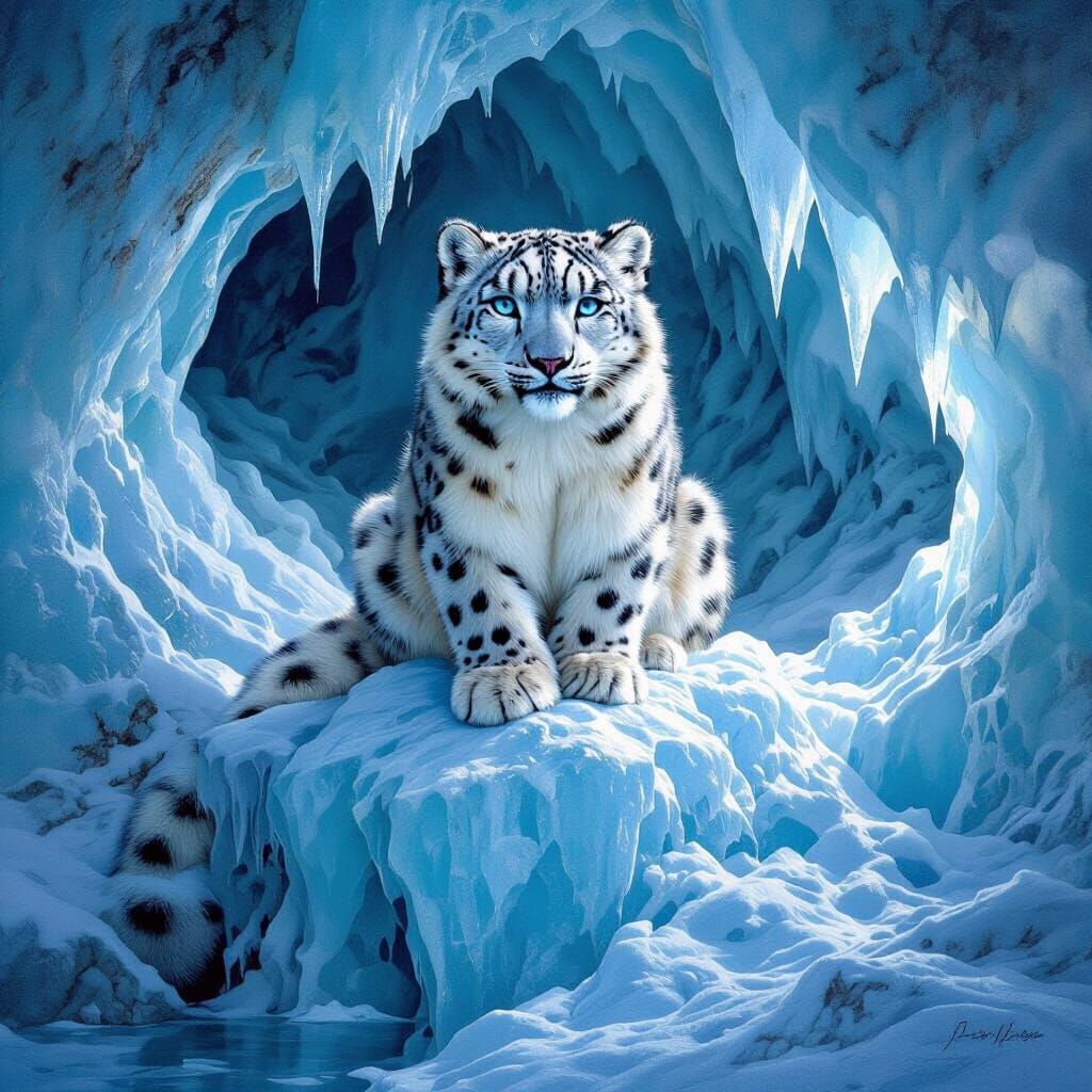 Snow Leopard in Ice Cave: Hyperrealistic Wildlife Art