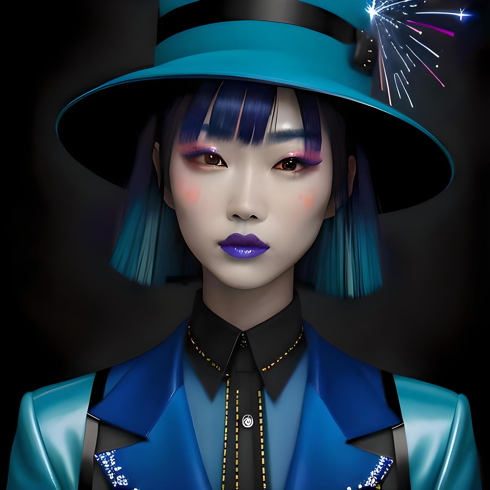 Electric Blue Asian Woman Portrait in Oil Paint