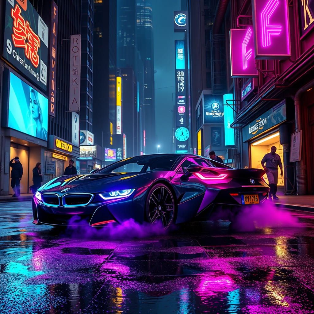 Futuristic BMW Super Car in Cyberpunk City Alley
