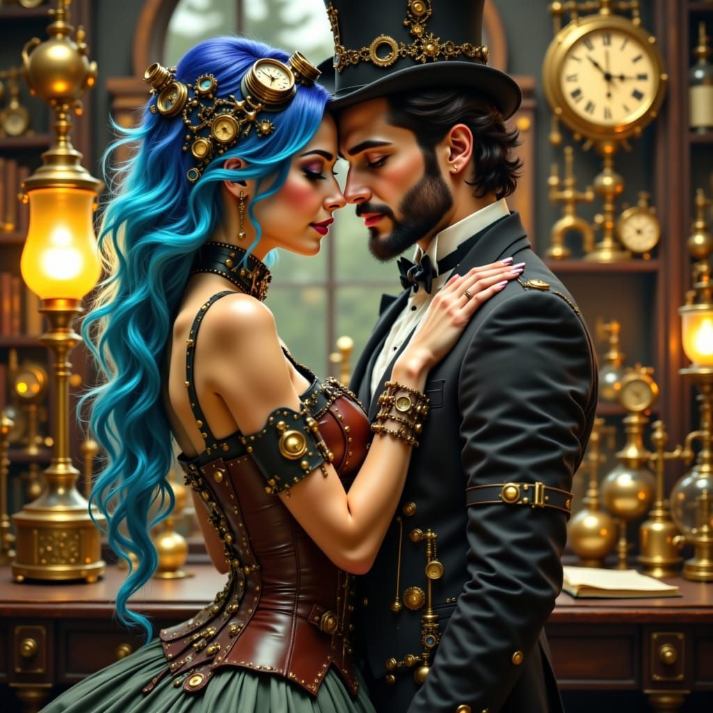 Romantic Steampunk Couple in Whimsical Clockwork World