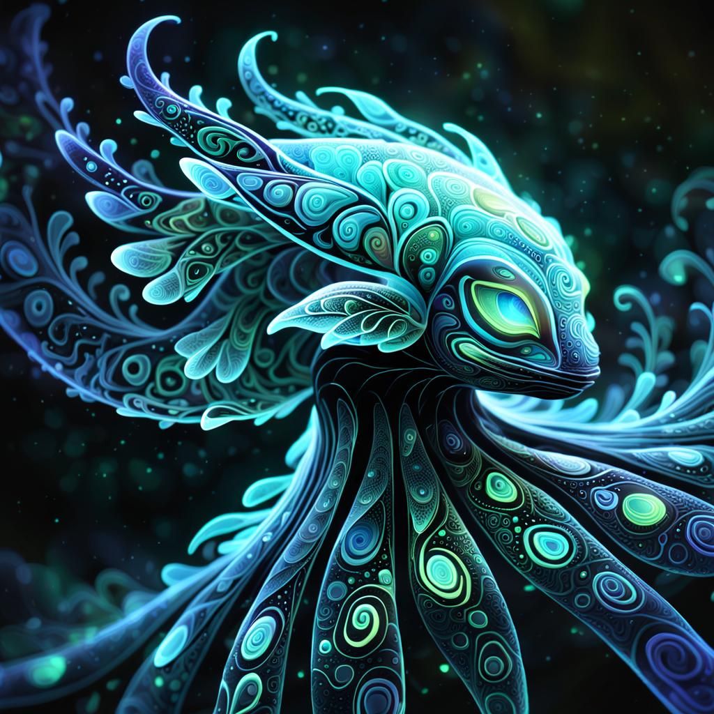 Glowing Bioluminescent Creature in Abstract Fractal Art Styl...