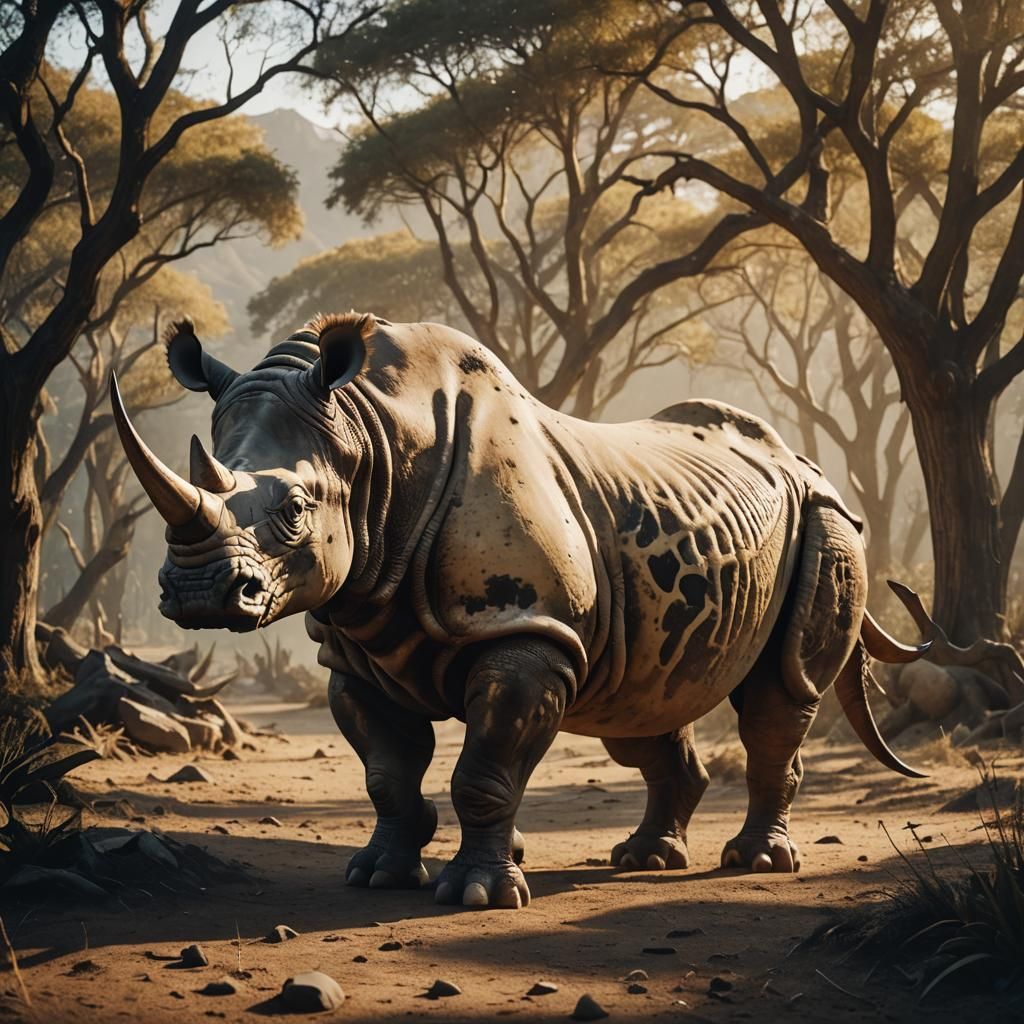 Rhino-Inspired Fantasy Beast in Cinematic Film Still