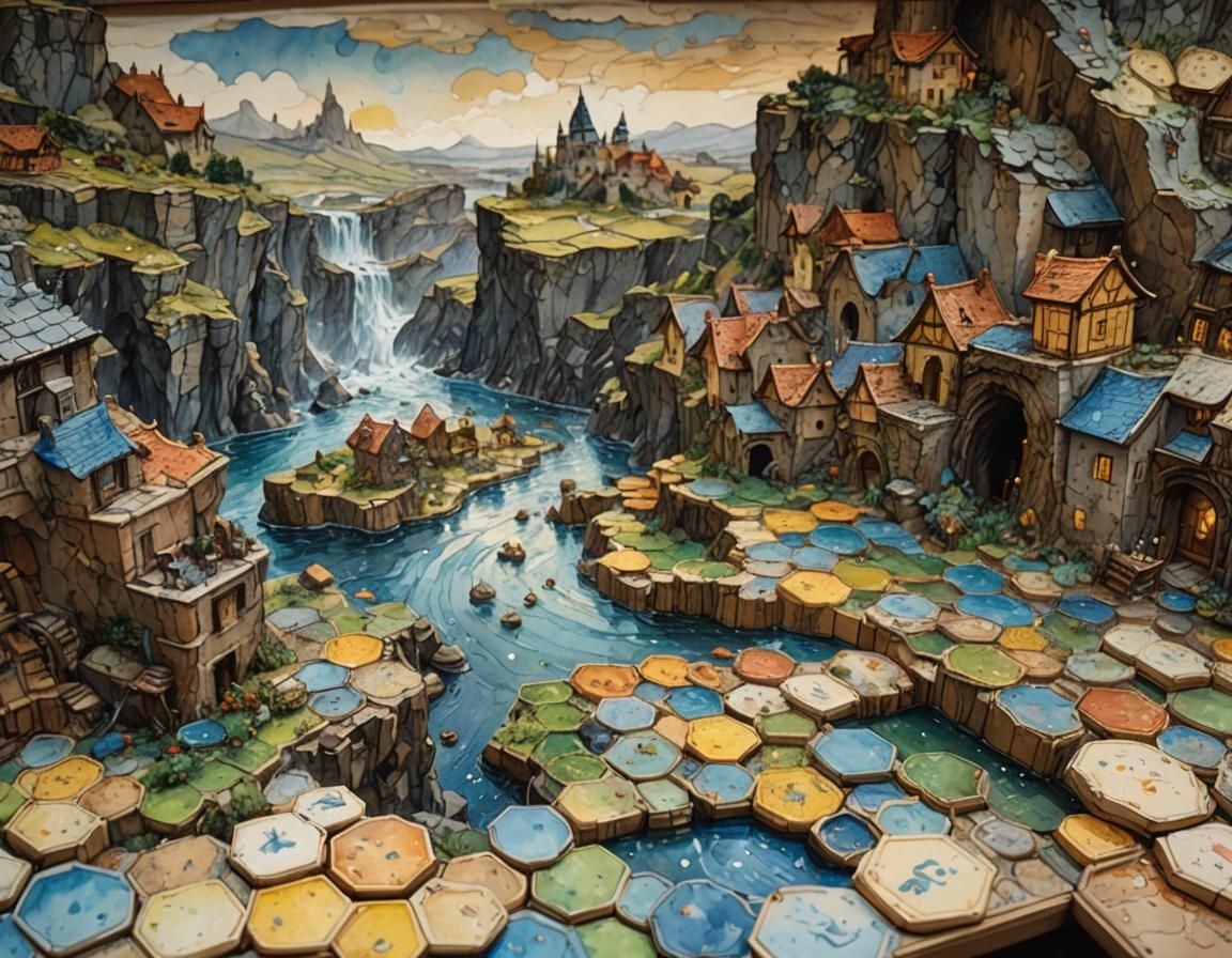 Catan Game Board in Impressionist Aquarel Style