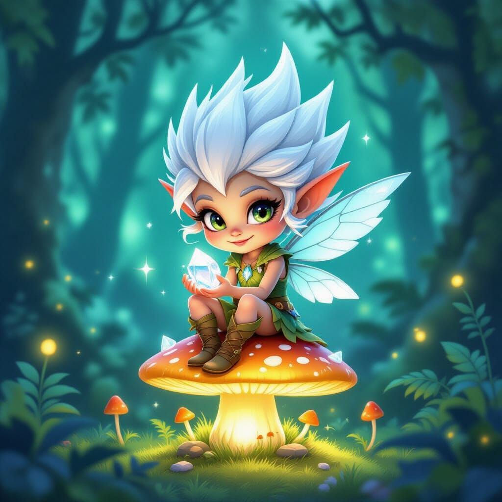 Mischievous Forest Sprite in Bioluminescent Forest