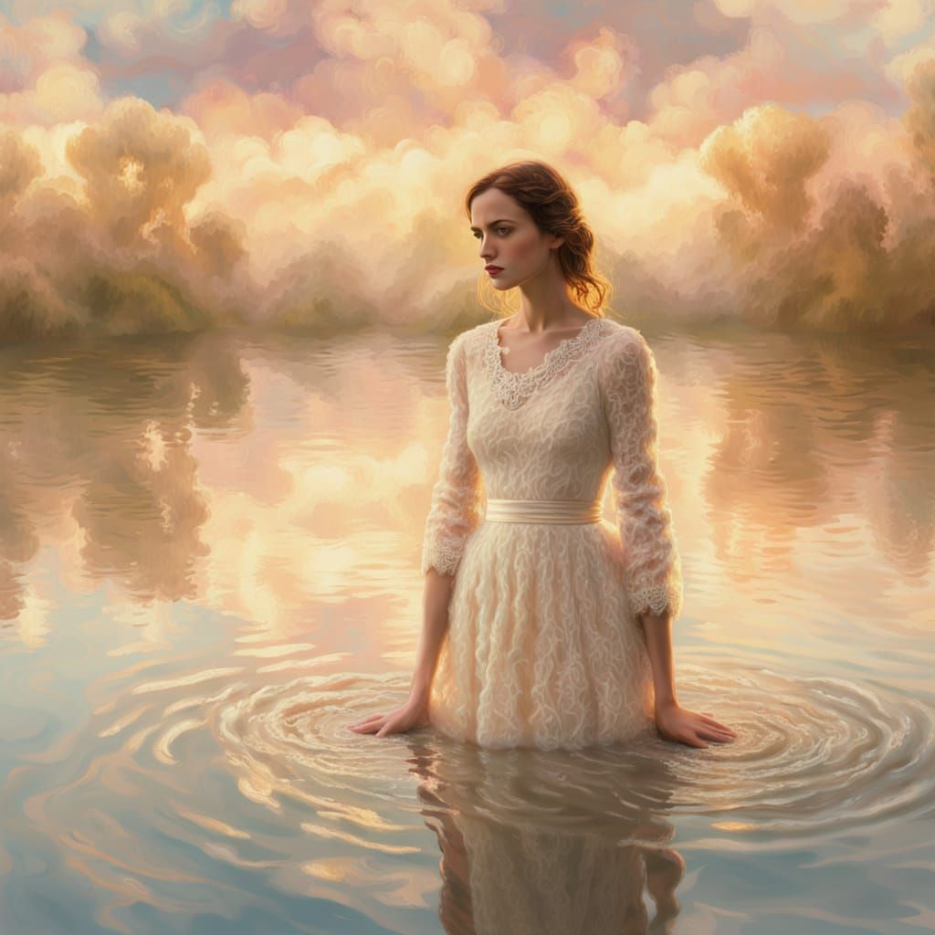 Ethereal Woman in Lace Dress Amidst Gentle Ripples and Soft ...