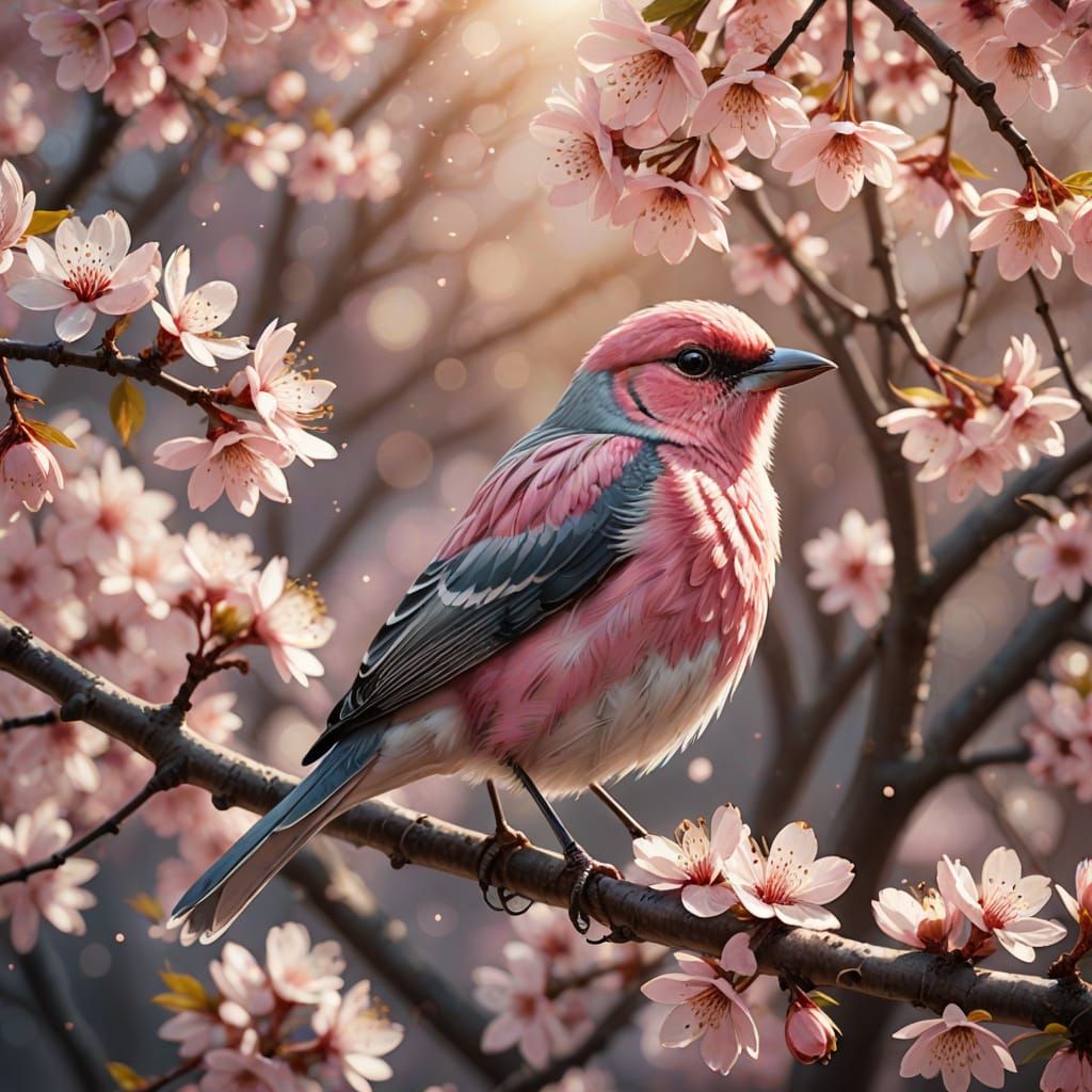 Pink Bird on Cherry Blossom Branch in Sunlight