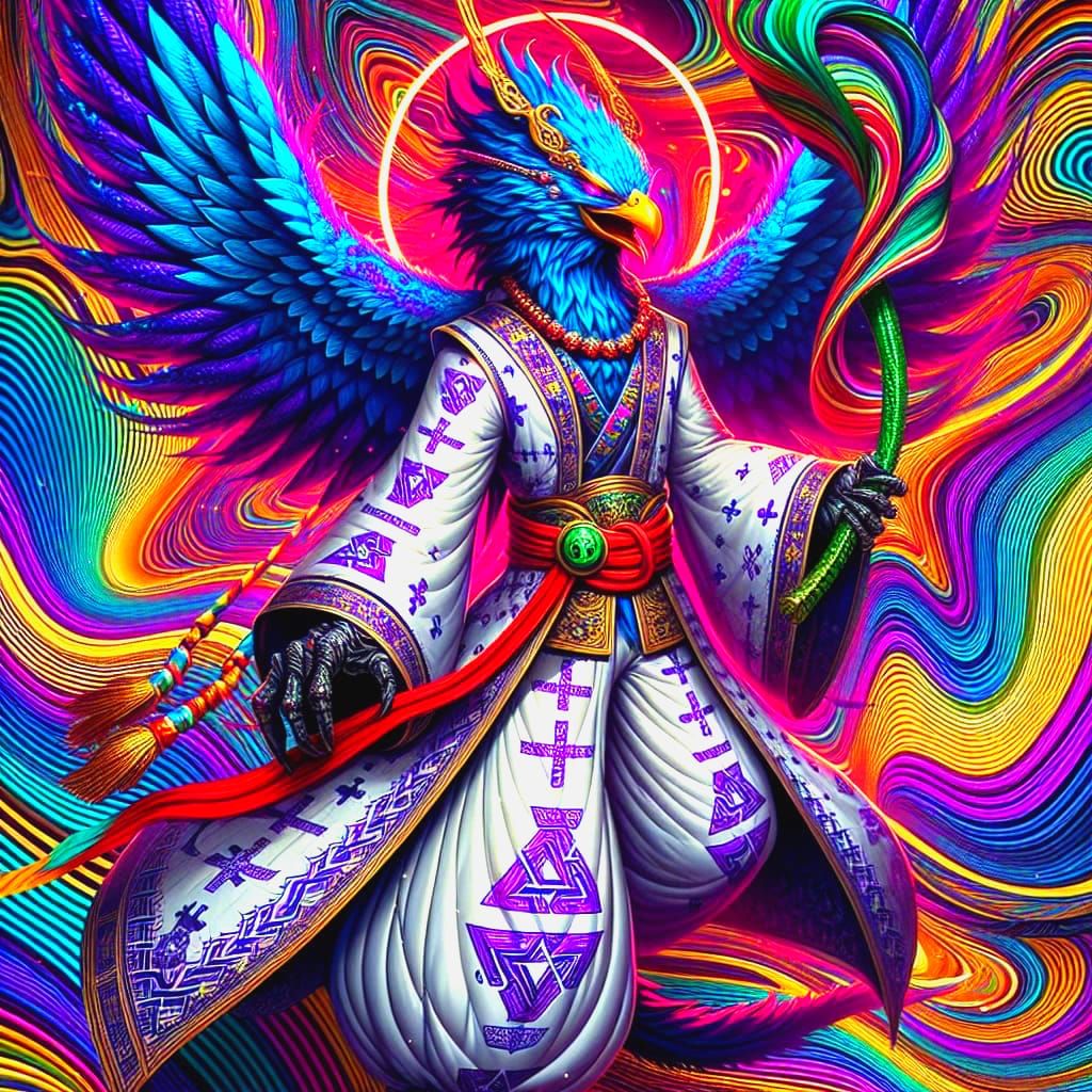 Ethereal Blue Phoenix in Psychedelic Abduction Scene