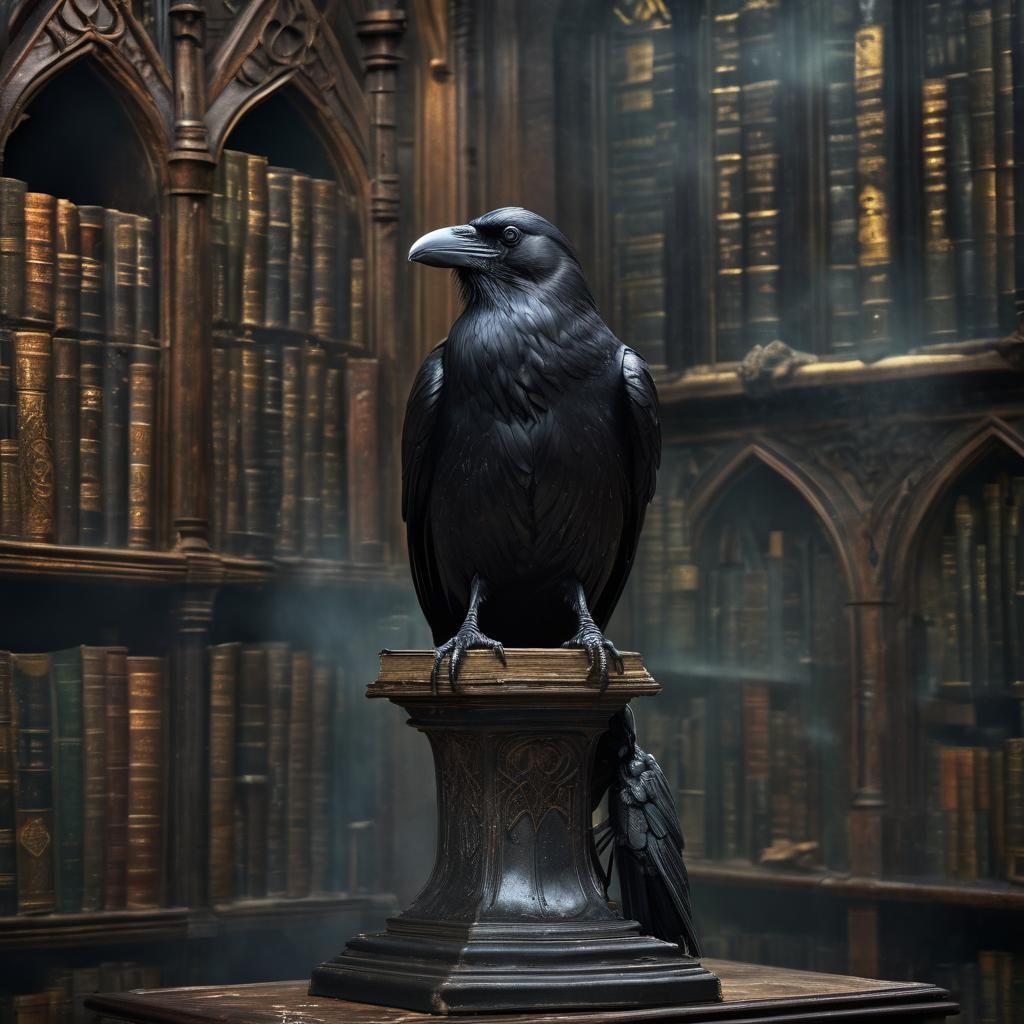 Raven in Abandoned Library: Surrealist Concept Art