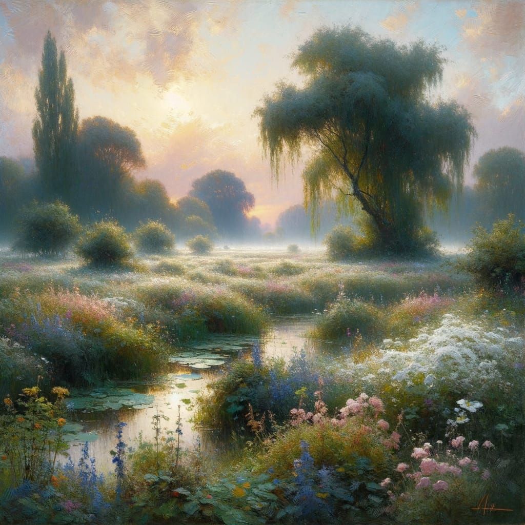 Luminous Morning Meadow in Impasto Style