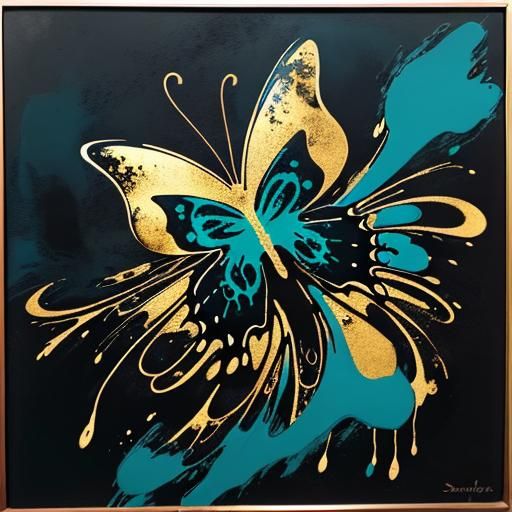 Teal Abstract with Gold Ink and Butterfly