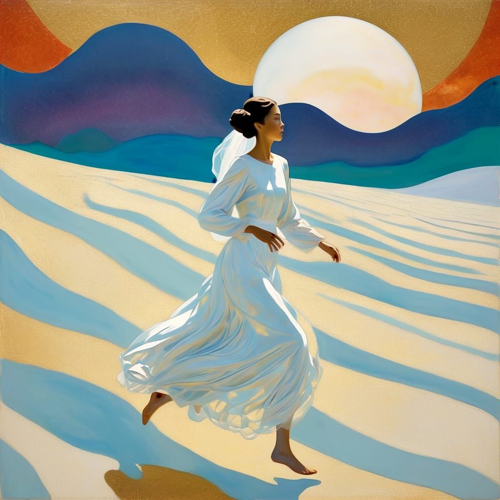 Bride Running on Moonscape with Iridescent Ball