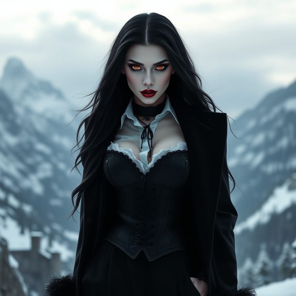 Gothic Vampire Woman in Winter Landscape