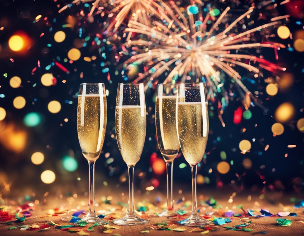 Celebratory Champagne with Fireworks and Confetti