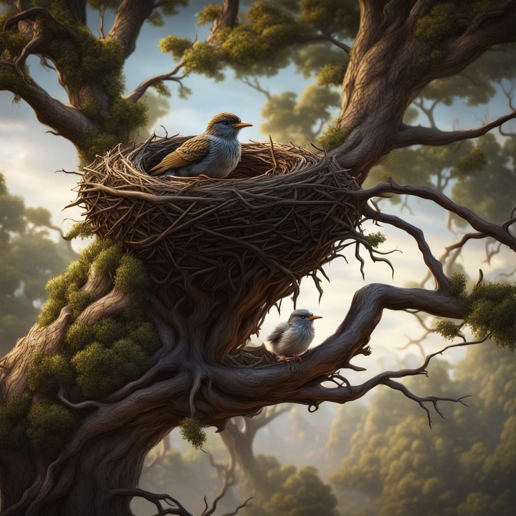 Bird Nestling in Tree: Detailed Matte Painting