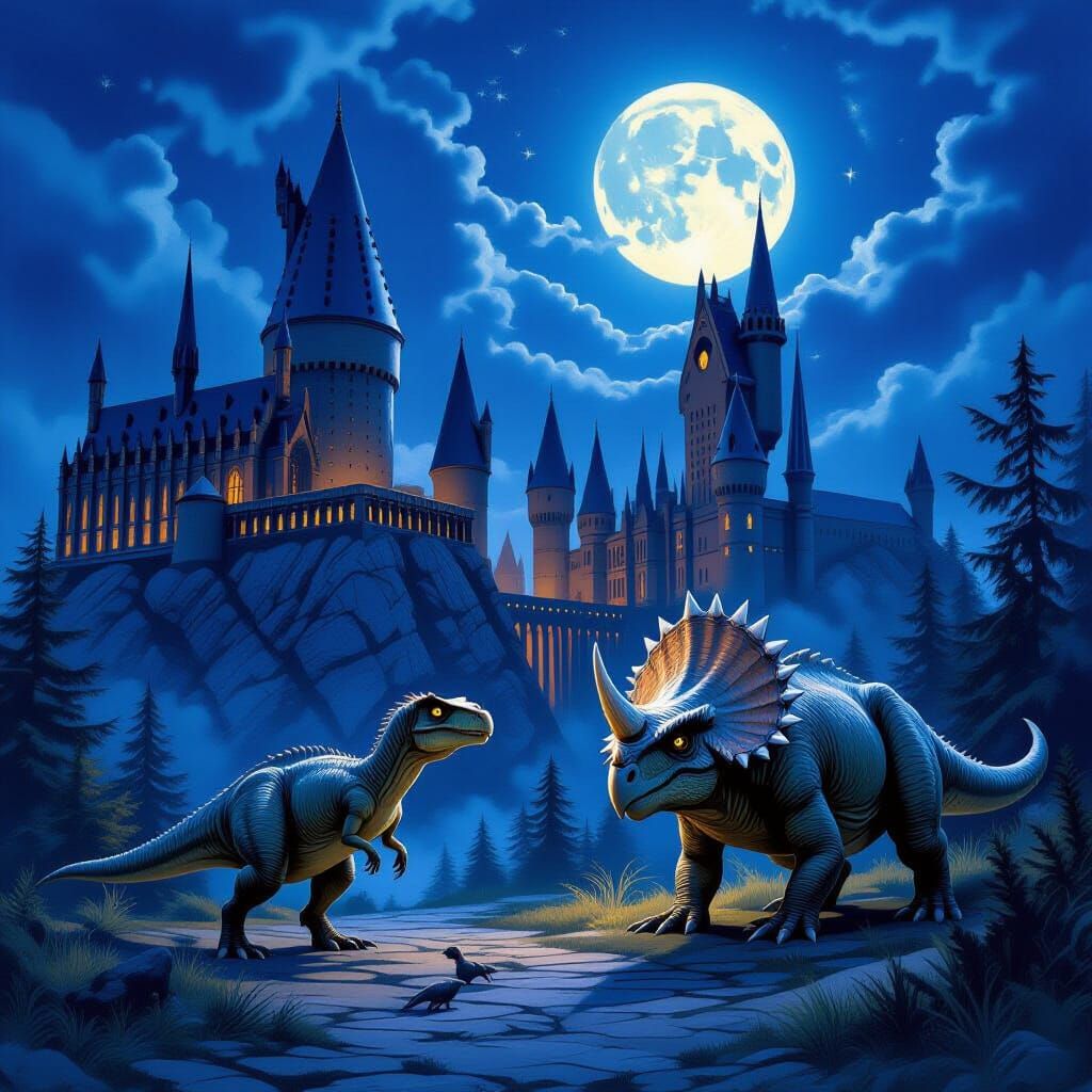 Magical Hogwarts Scene with Roaming Dinosaurs