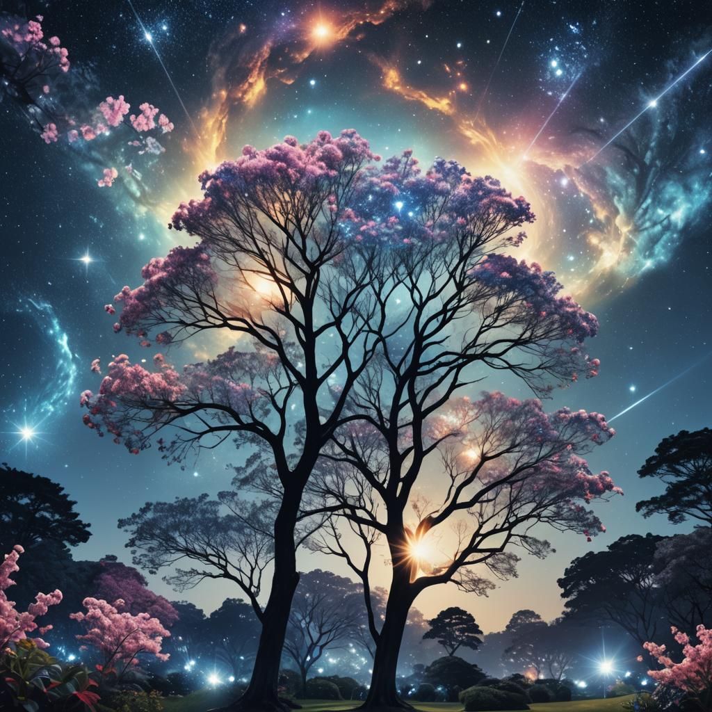 Park Under Nebula Night with Galactic Trees