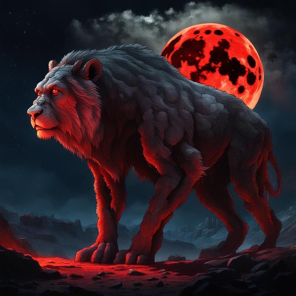 Colossal Giant Under Red Moon: Dark Fantasy Art