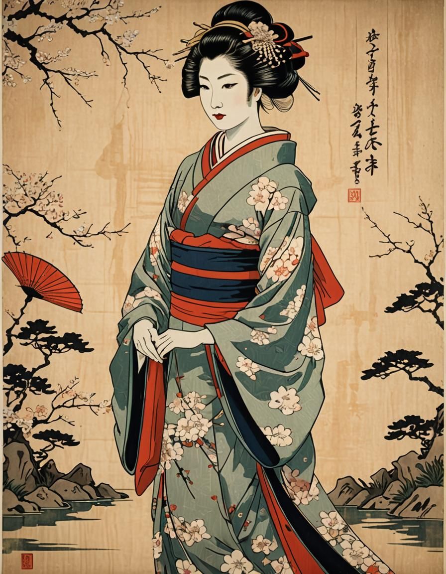 Geisha in Japanese Garden as Ukiyo-e Woodblock Print
