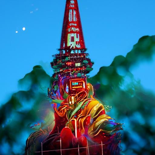 Tokyo Tower Holographic Illustration in Synthwave Style