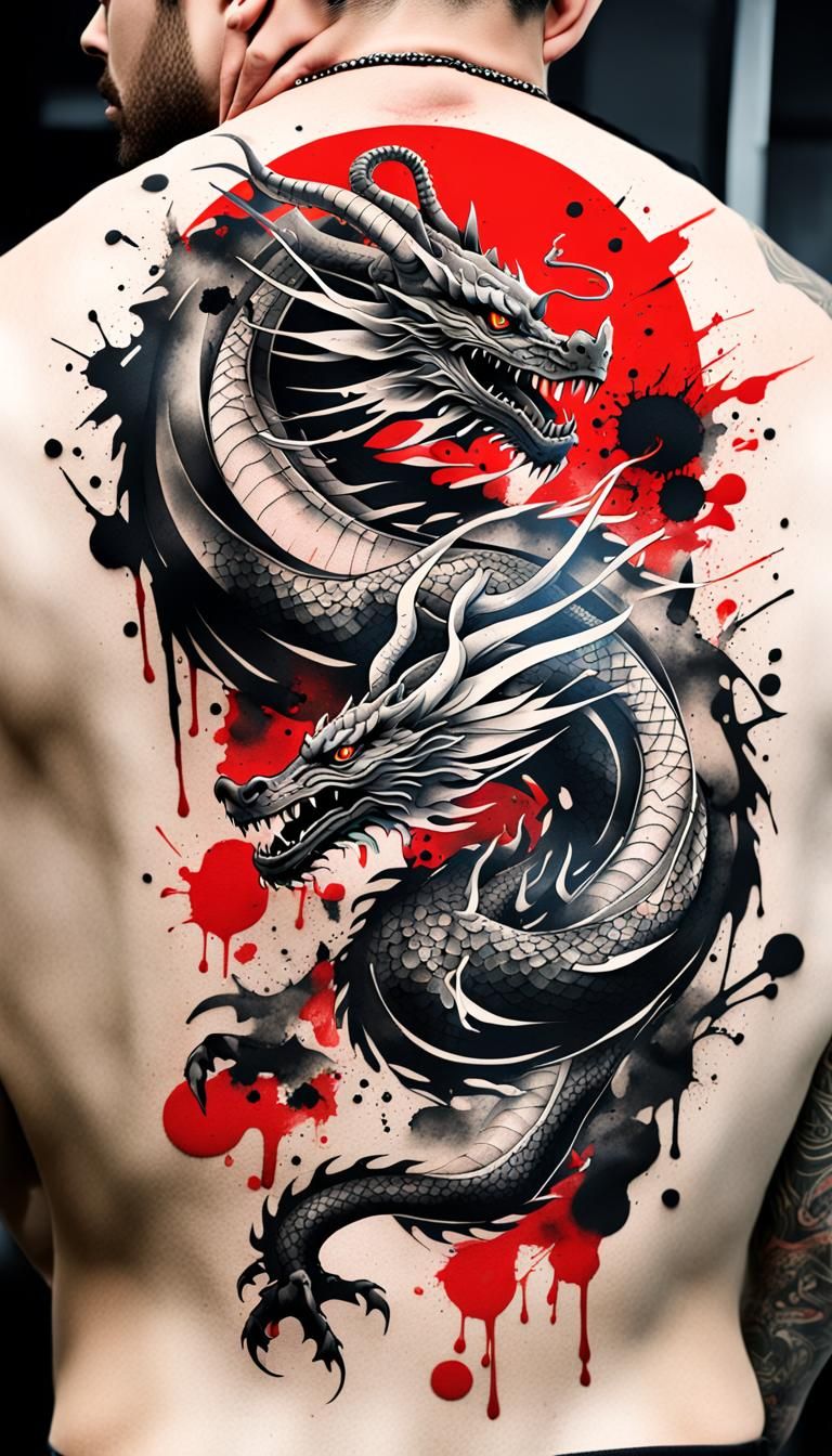 Unleash the captivating power of the Japanese dragon with a Trash Polka full back tattoo This striking design boldly eme...