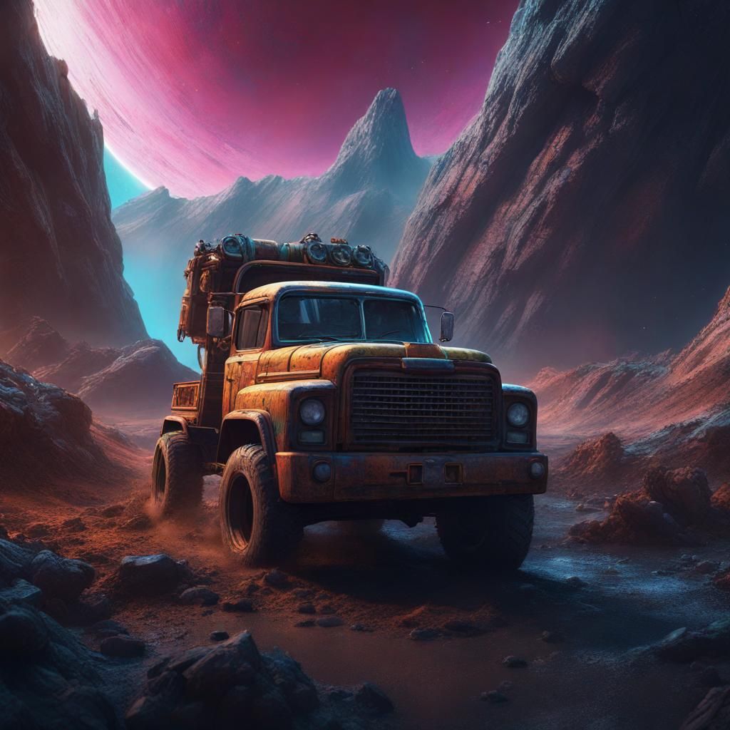 Squatted Truck Soaring Through Space: Detailed Matte Paintin...