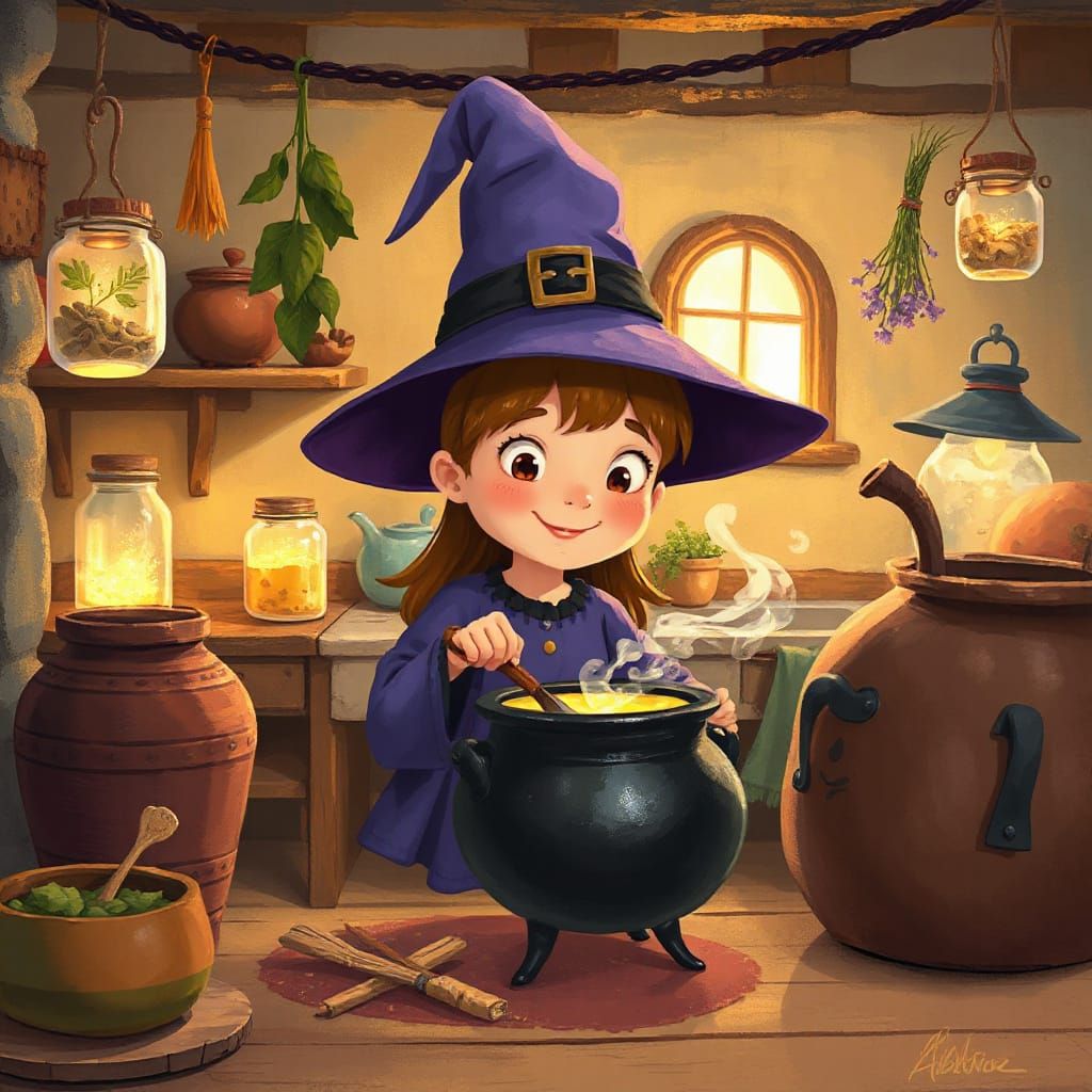 Whimsical Witch Stirring Cauldron in Cozy Cottage Kitchen