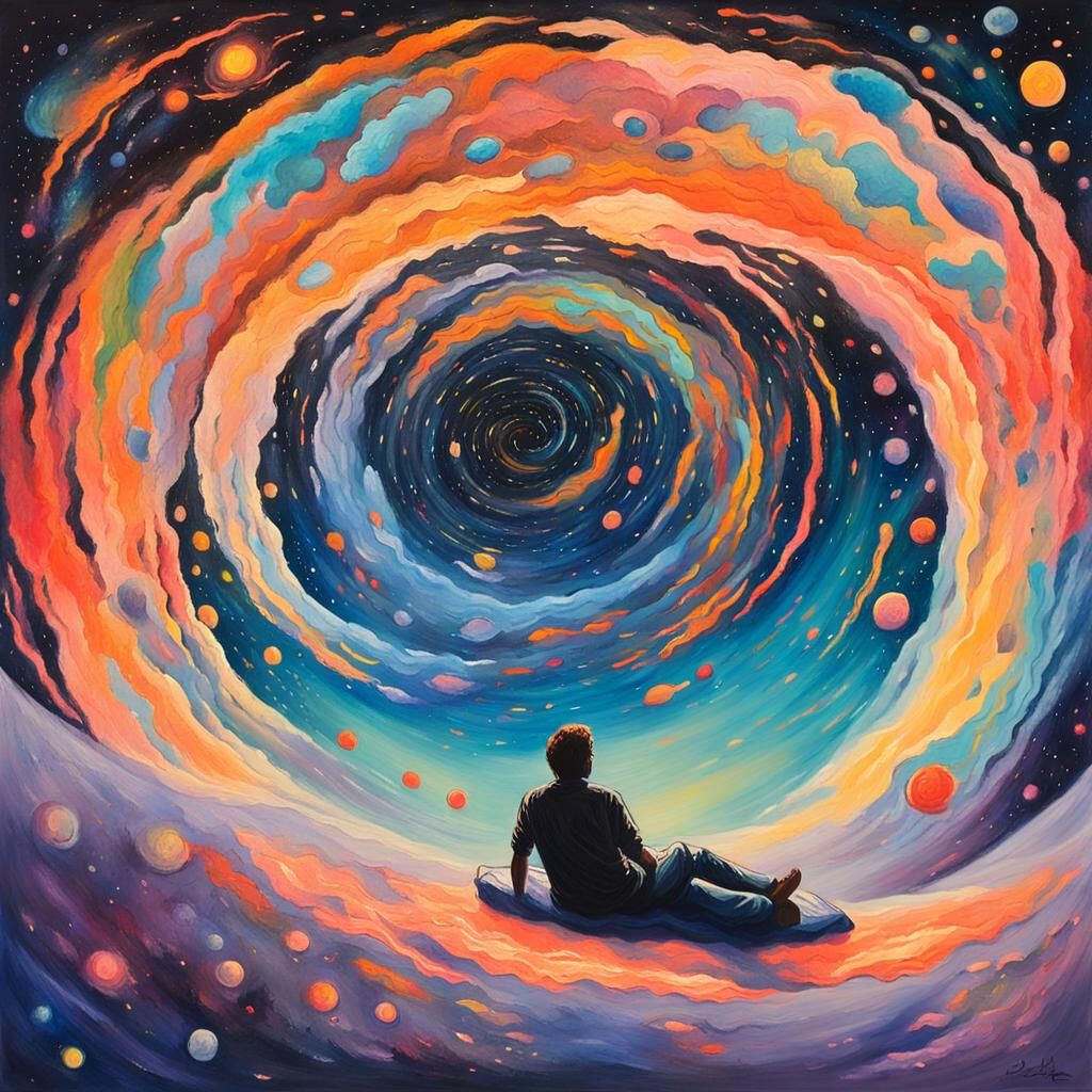 Sleeping Figure in Cosmic Vortex: Impressionist Gouache Pain...