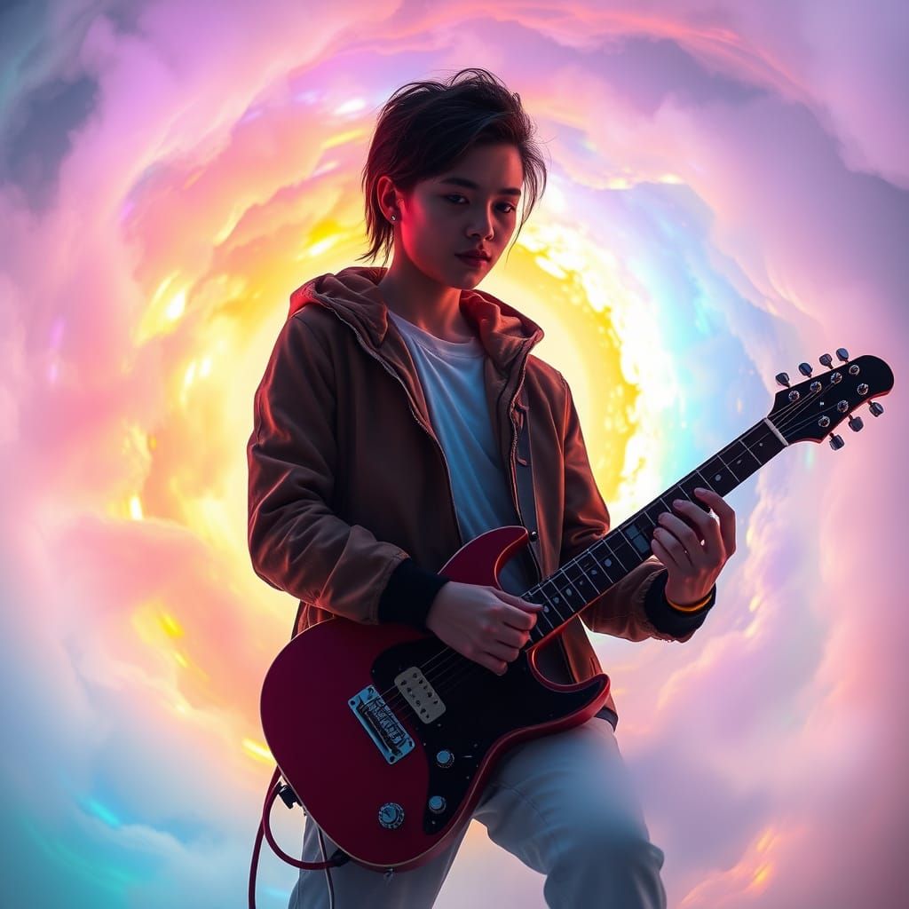 Cyberpunk Guitarist in Spectral Nebula, Hyperrealistic