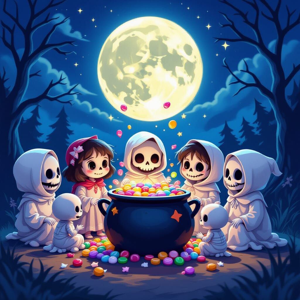 Skeleton Children Gather Around Magical Candy Cauldron