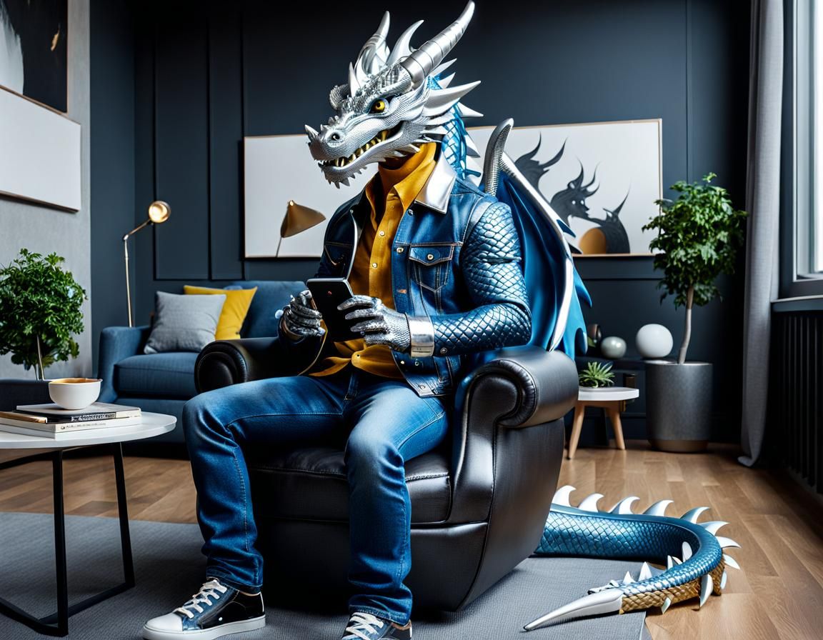 Anthropomorphic Dragon in Jeans Listening to Music