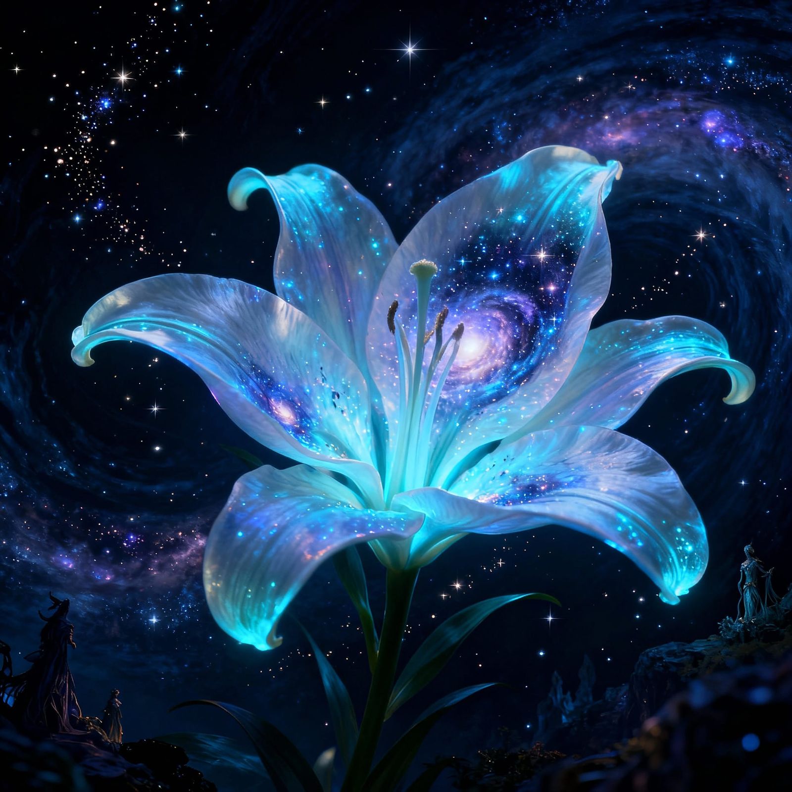 Bioluminescent Lily Blooms in Cosmic Nebula