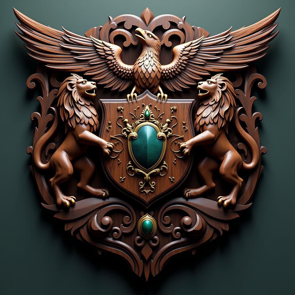 Ornate Wooden Coat of Arms with Eagle and Lions