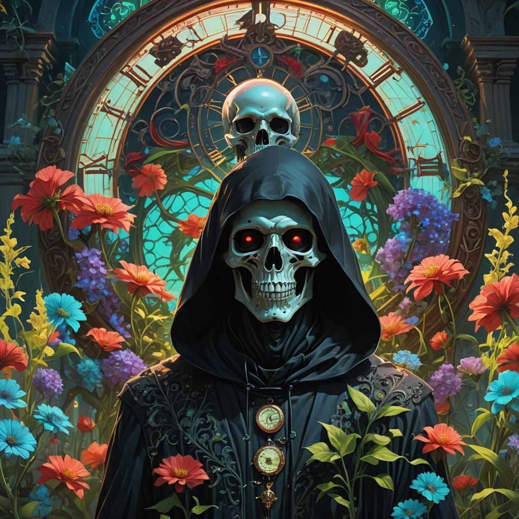 Surreal Grim Reaper in Bioluminescent Garden