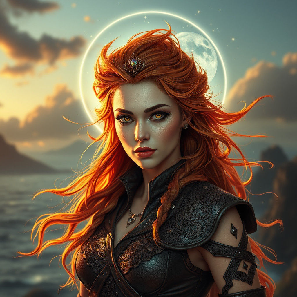 Ethereal Adventurer with Fiery Hair, Hyper-Detailed Portrait