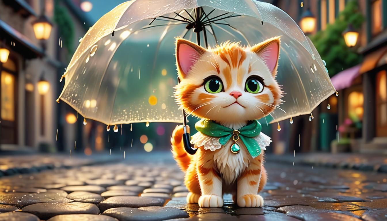 Pixar Kitten in Vintage Dress on Cobblestone Street