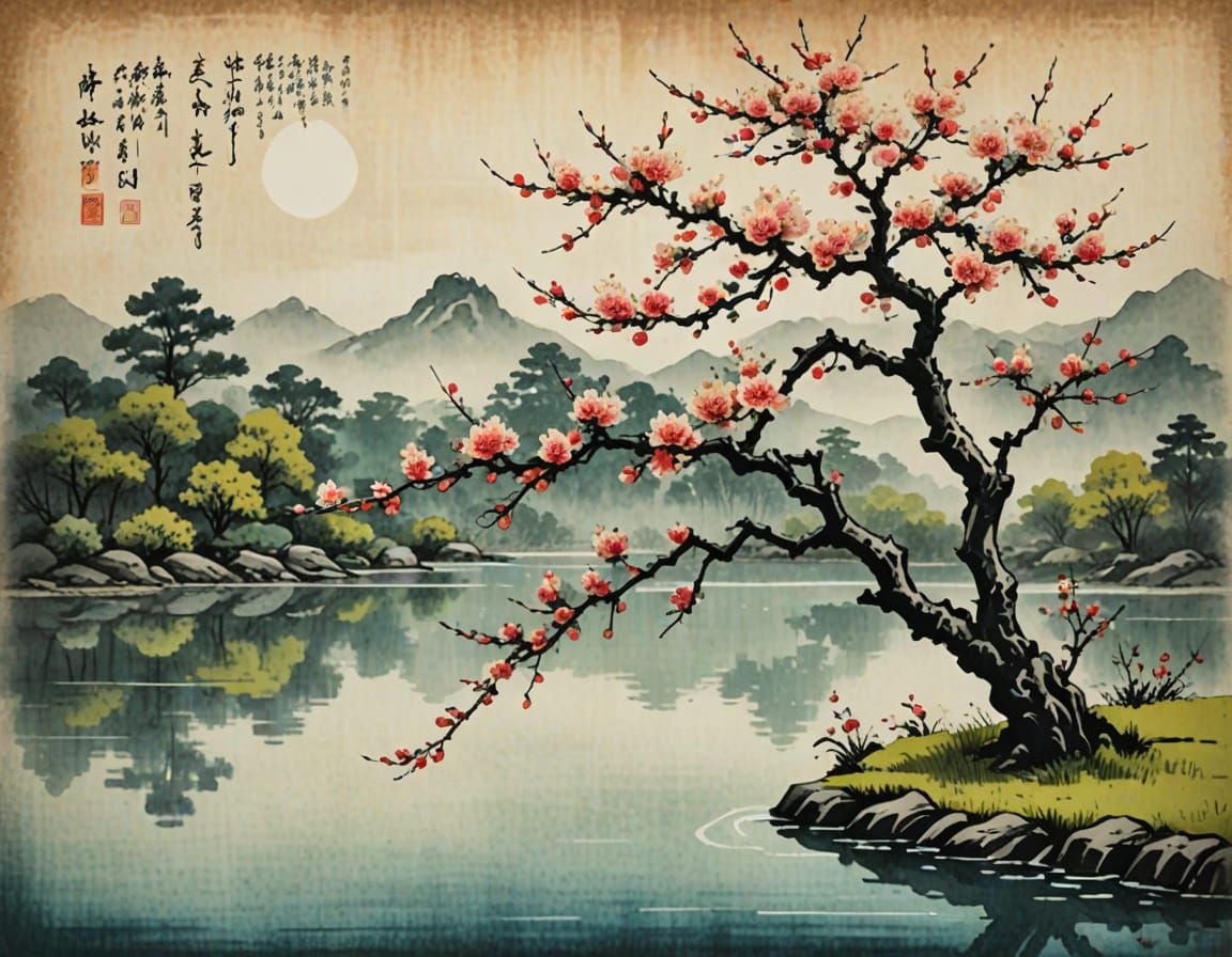 Blossoming Apple Tree Amidst Serene Lake Waters