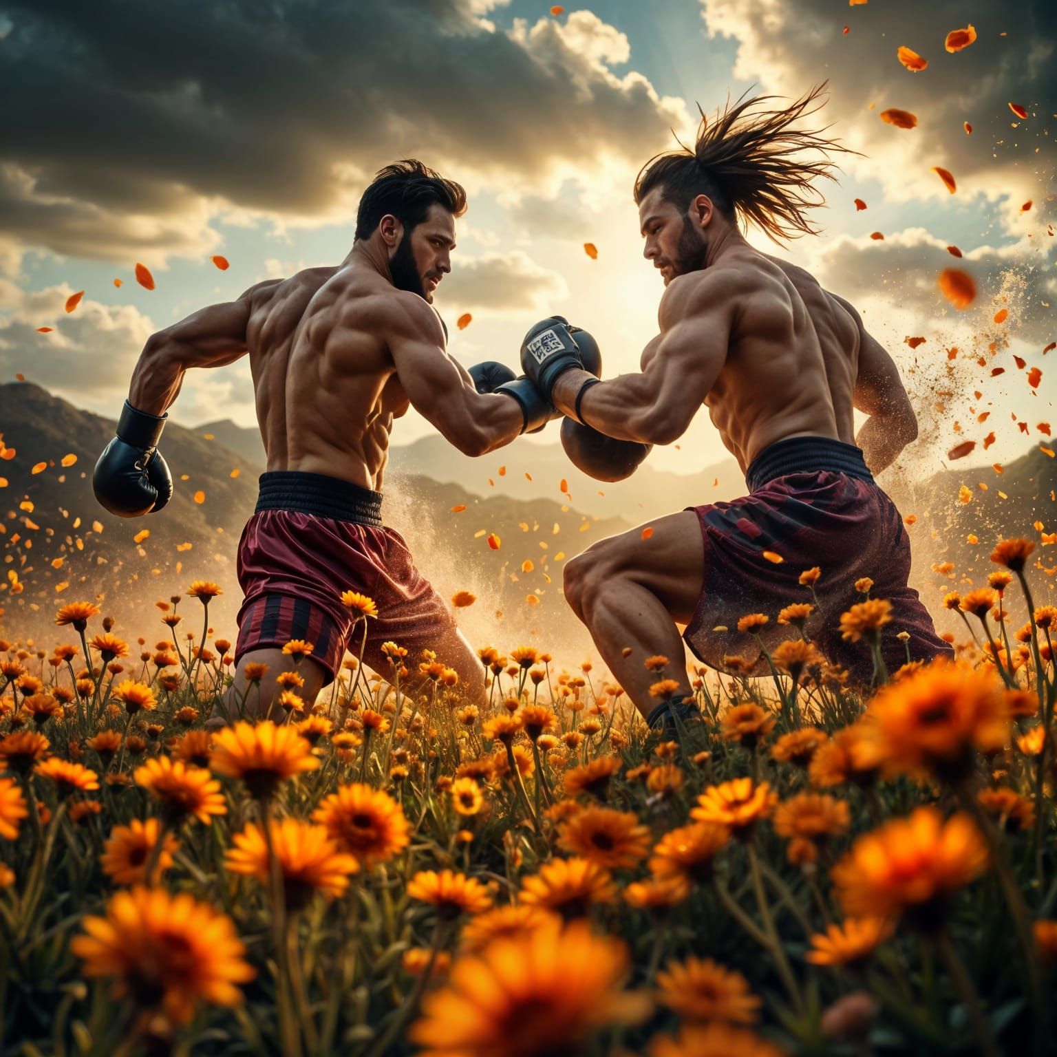 Vibrant Boxing Scene in a Field of Wildflowers