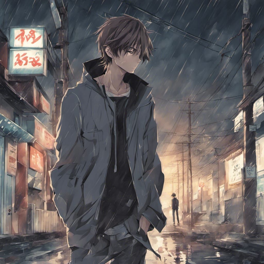 Sad Anime Man Walking in Rain: Manga Style