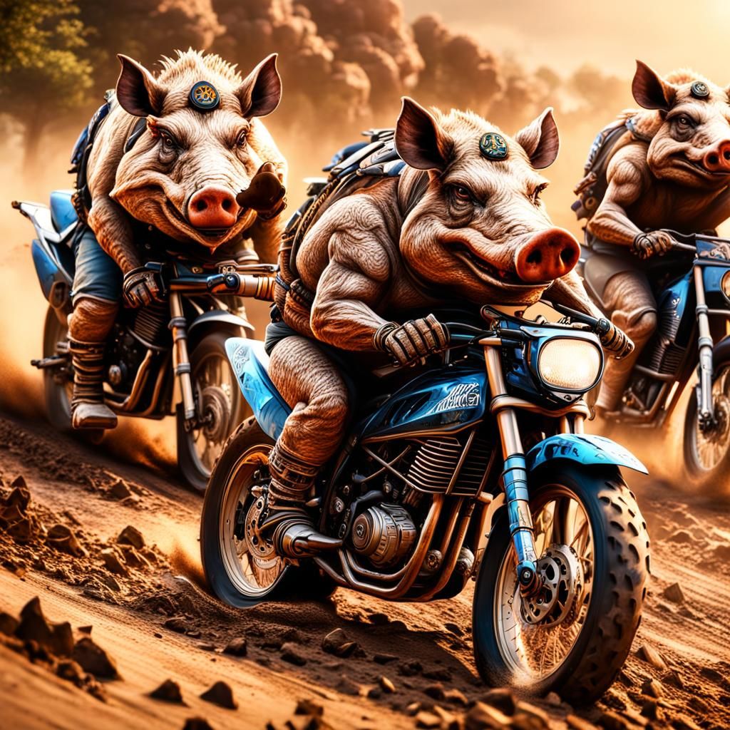 Photorealistic Hogs Drifting on Dirt Bikes