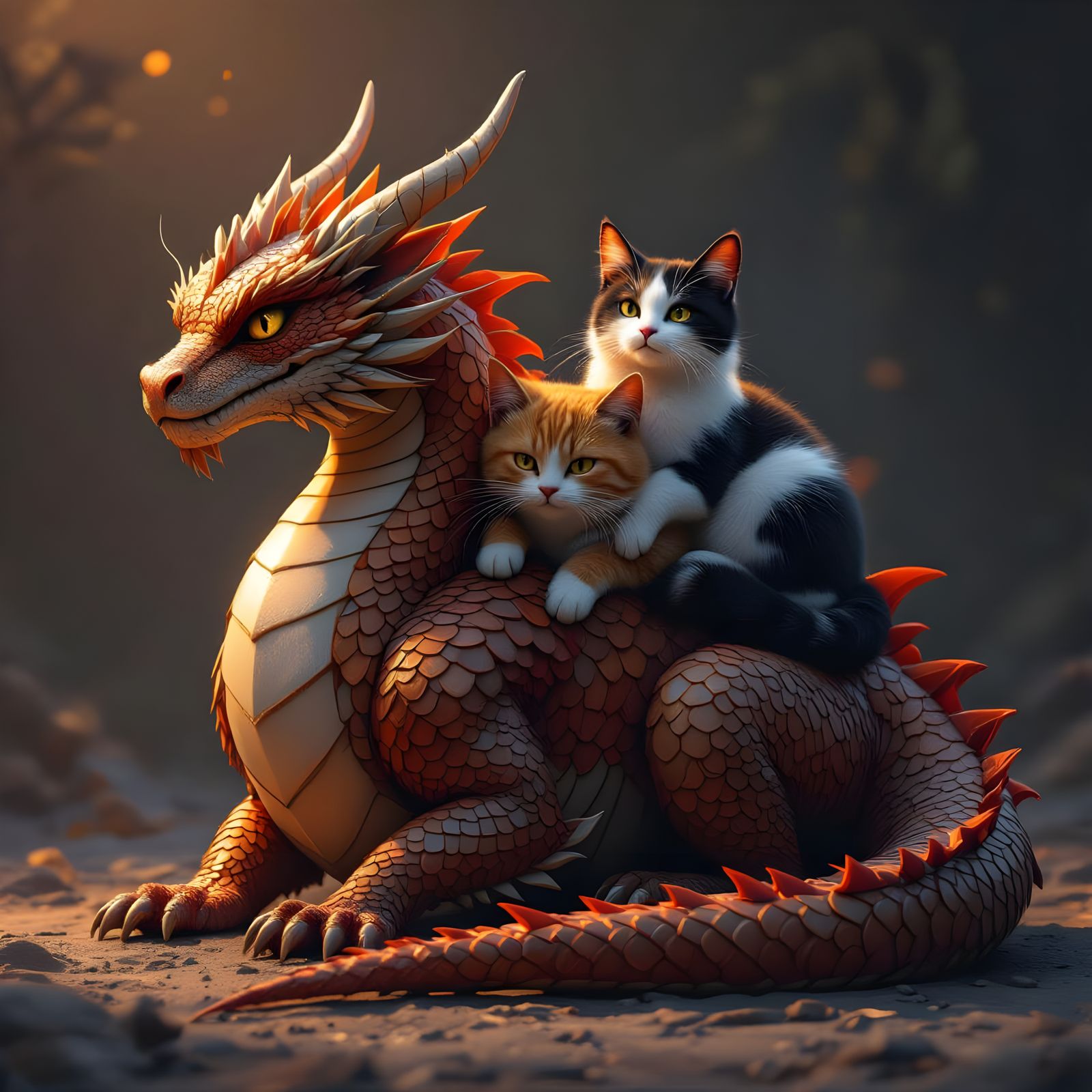 Majestic Dragon with Orange and Black White Cats