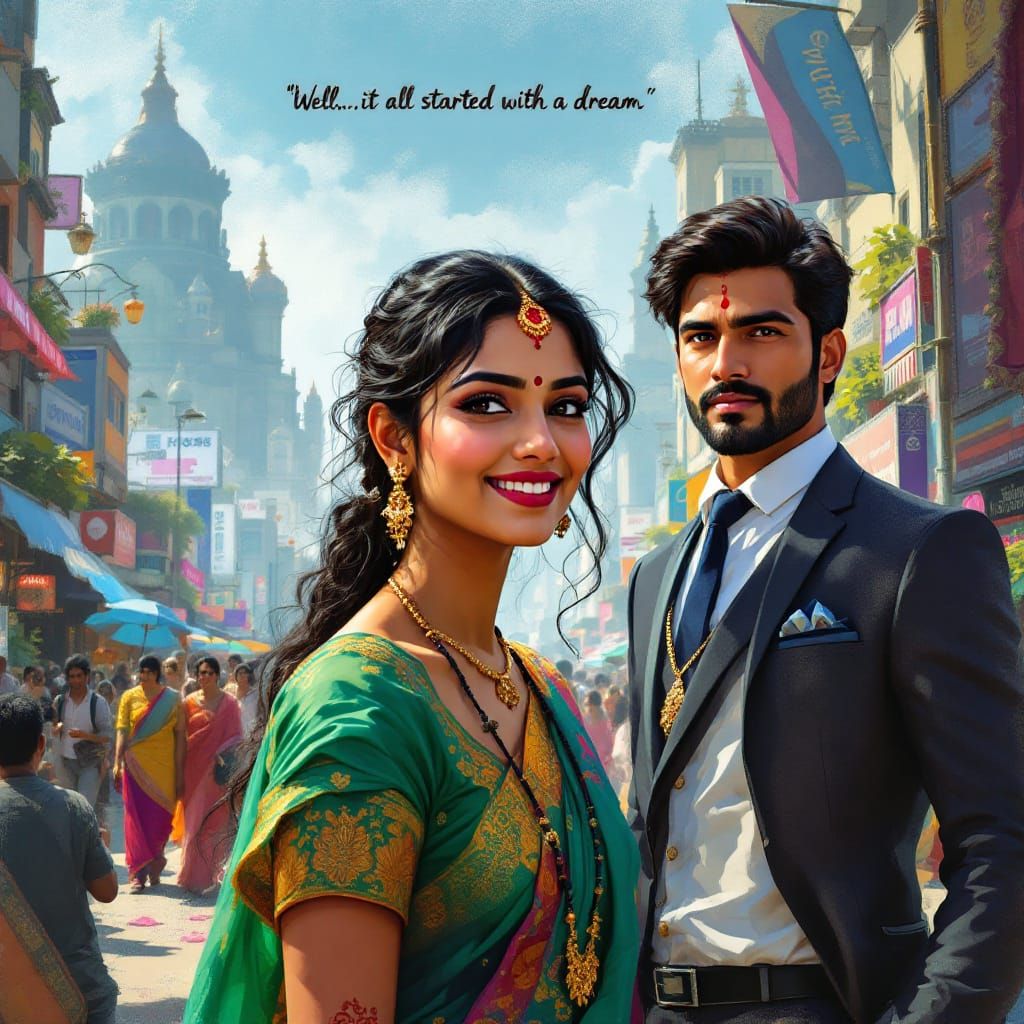 Malayalee Woman in Cityscape, Romantic Digital Art