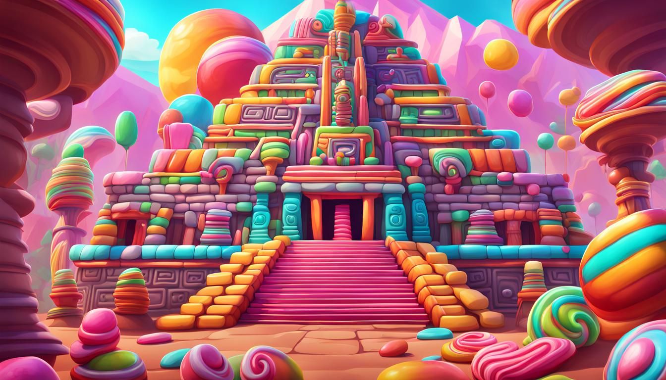 mayan temple theme park,Candy art style! Whimsical playful c...
