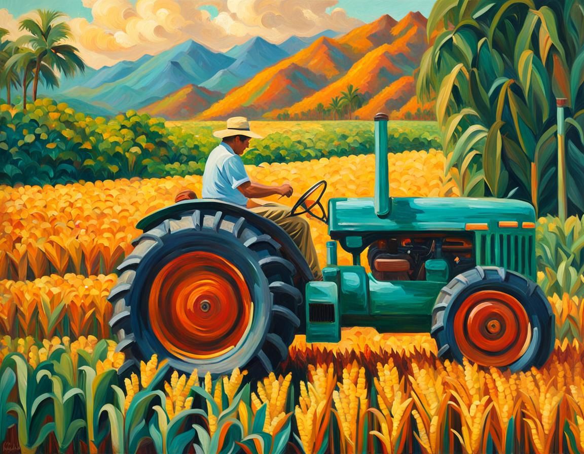Impressionist Farmland: Vintage Tractor in Tropical Landscap...
